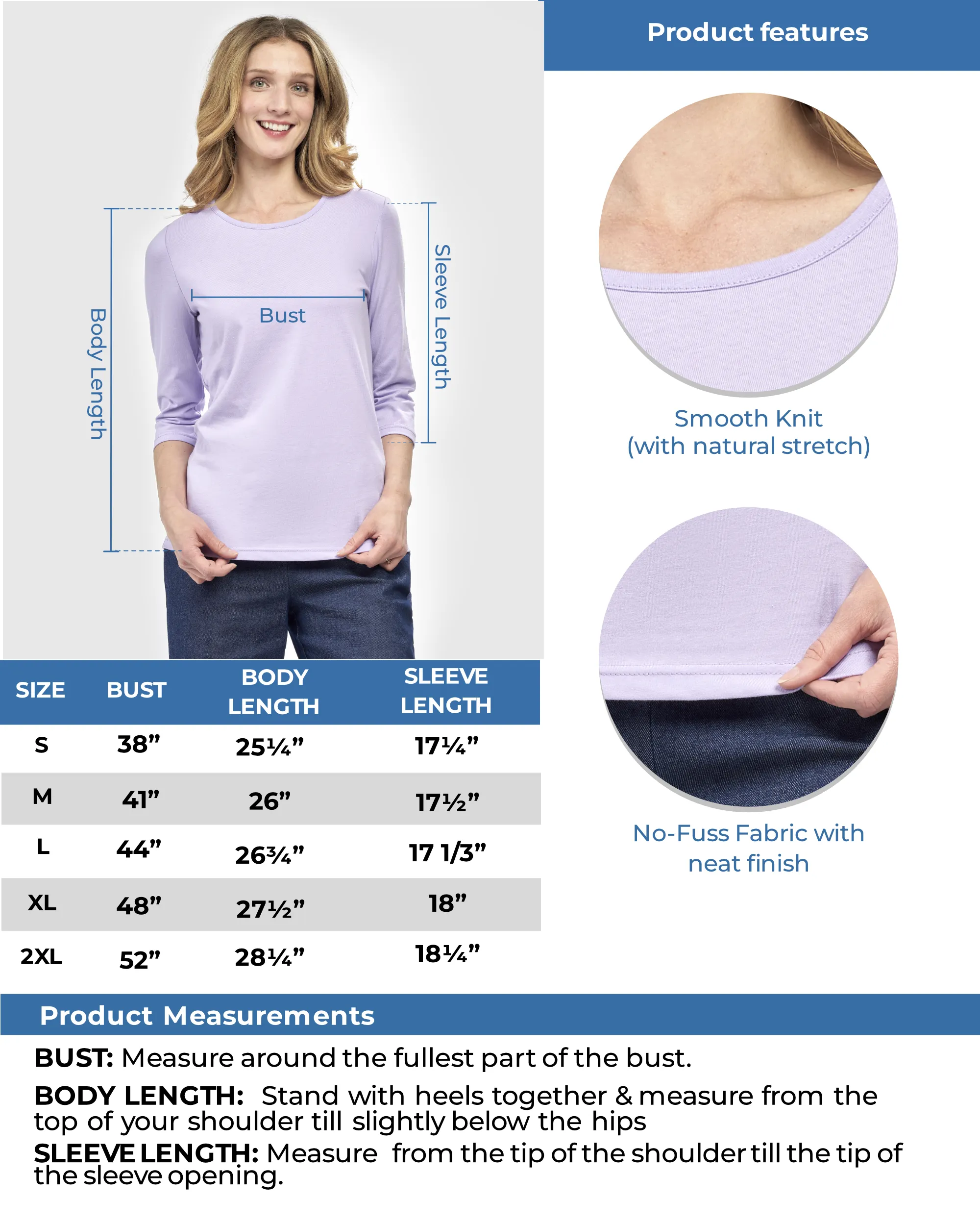 Women's 3/4 Sleeve Crew Neck Top – Comfortable Jersey Knit to Dress Up or Down