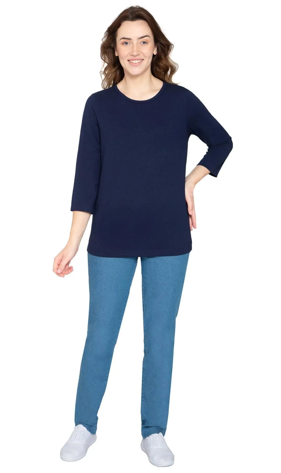 Women's 3/4 Sleeve Crew Neck Top – Comfortable Jersey Knit to Dress Up or Down