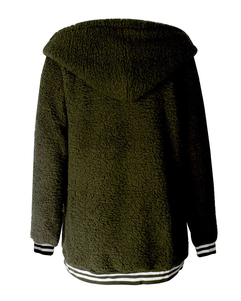 Zip Up Long Sherpa Jacket With Hood Fluffy Fleece in Green