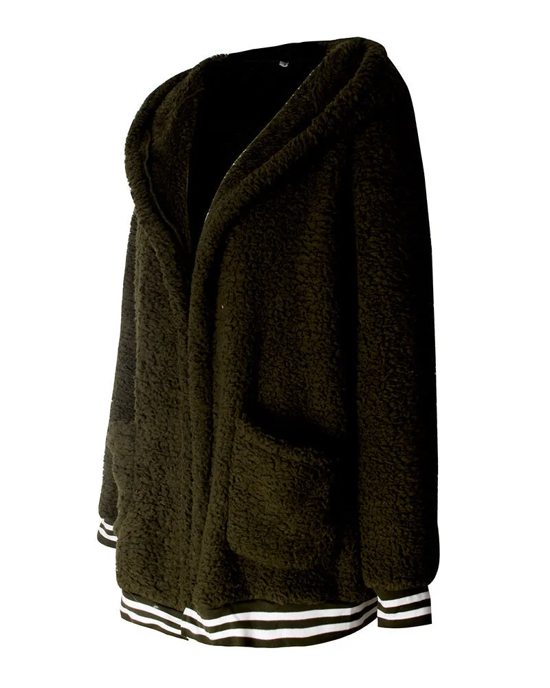 Zip Up Long Sherpa Jacket With Hood Fluffy Fleece in Green