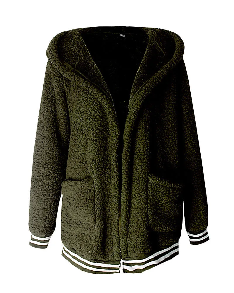 Zip Up Long Sherpa Jacket With Hood Fluffy Fleece in Green