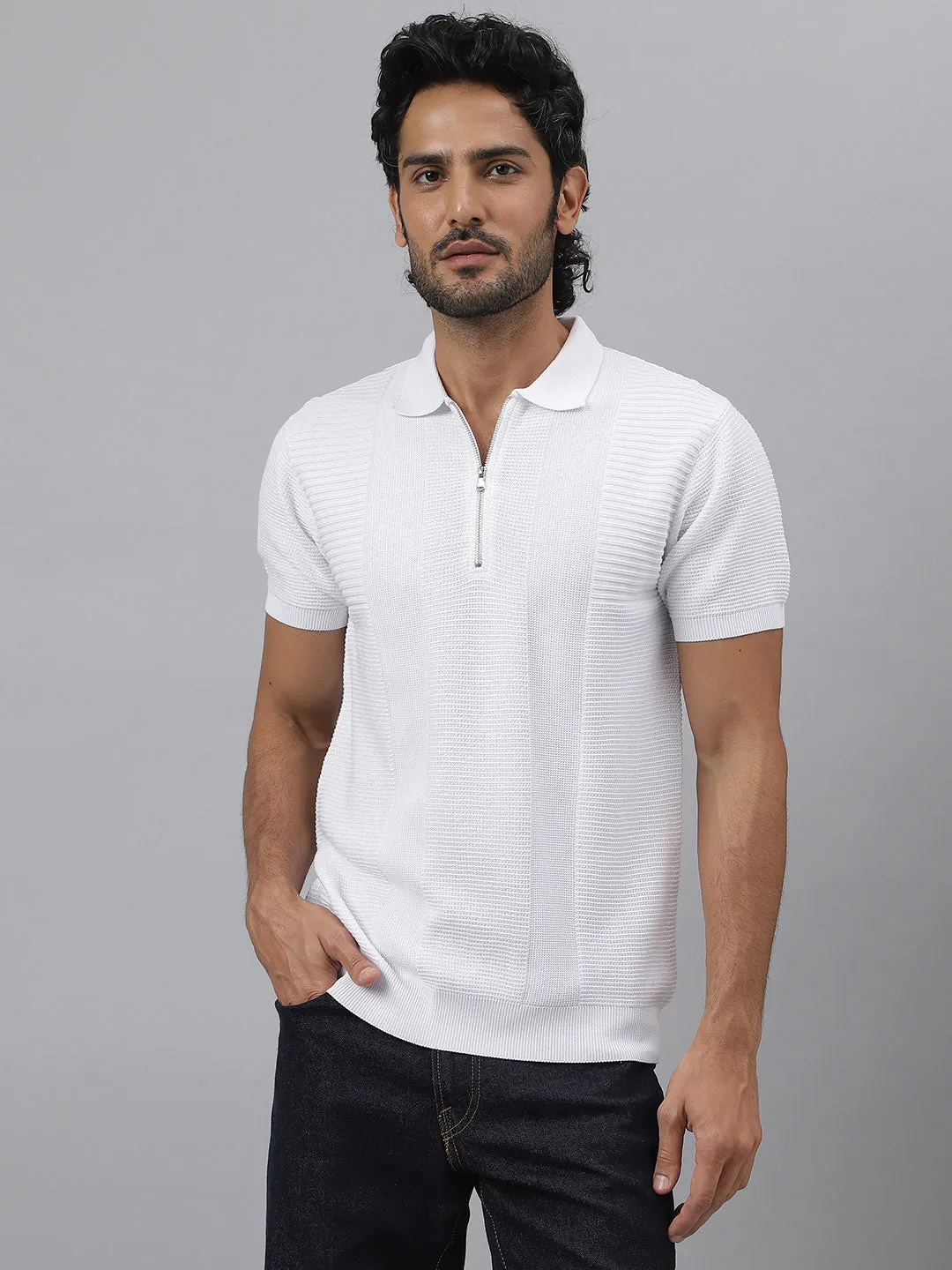 Zipper Polo Knit White T-shirt - Maverick