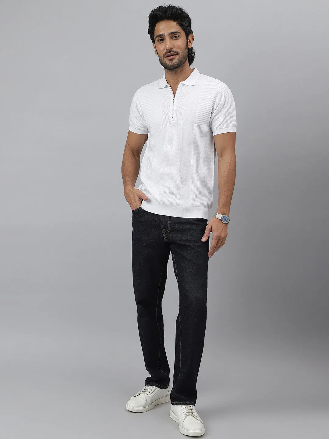 Zipper Polo Knit White T-shirt - Maverick