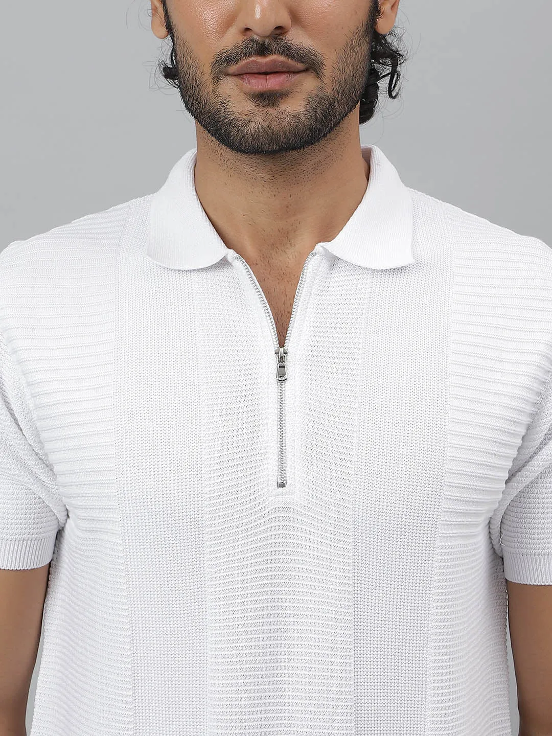 Zipper Polo Knit White T-shirt - Maverick